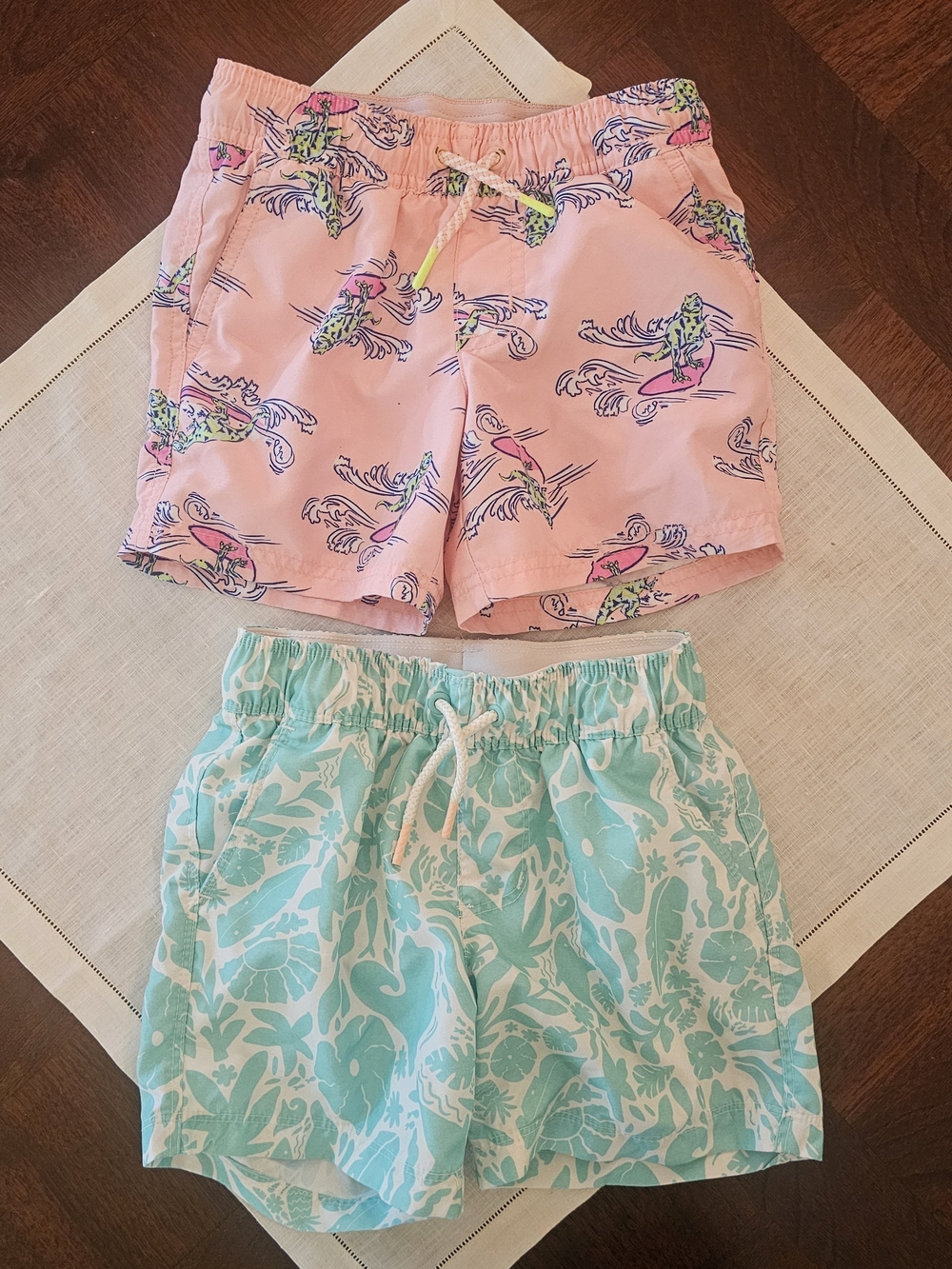 Pair Of Boys Cat & Jack Swim Shorts Pink Dino/Aqua Floral XS 4/5